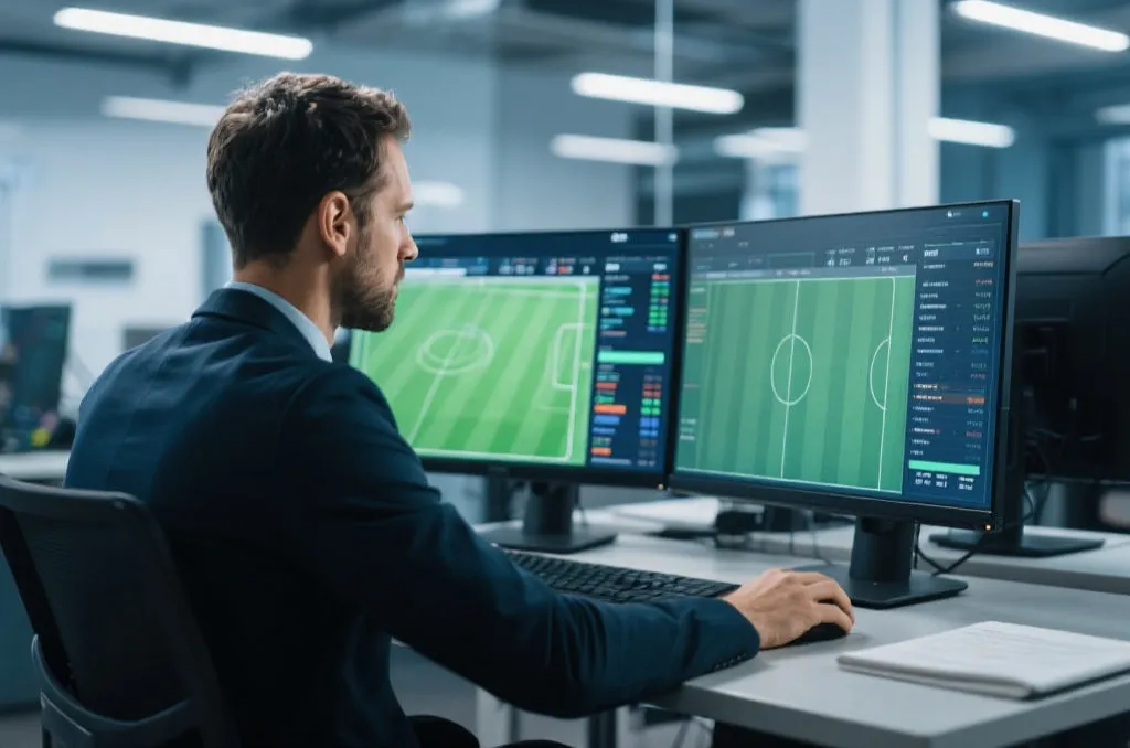 A professional sports data analyst looking at soccer match statistics on dual monitor screens in a modern high-tech office