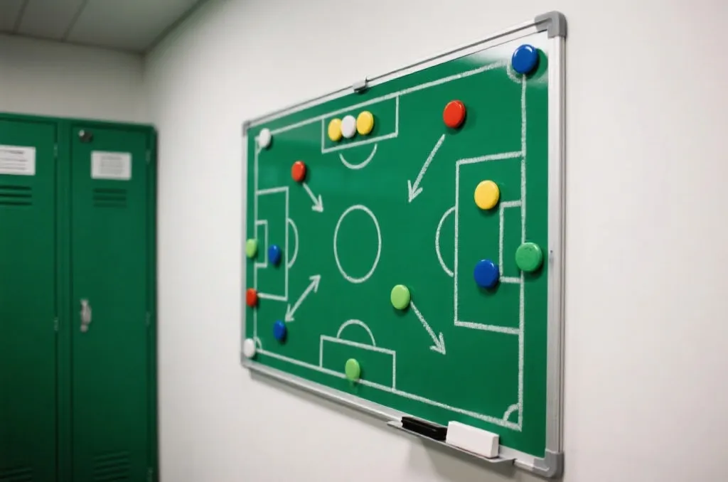 A soccer tactical board with magnetic play pieces and arrows